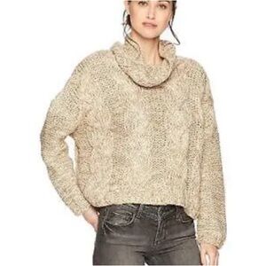 Moon River Cable Knit Turtleneck Cropped Sweater, Tan with gold threads, Size XS